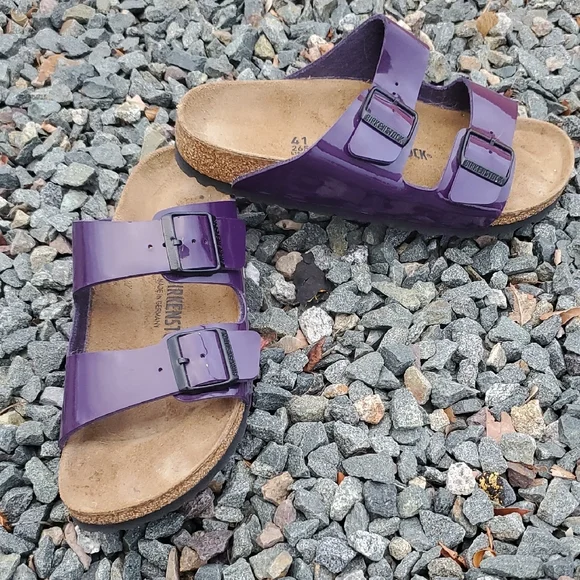 Birkenstock Arizona Birko Flor Patent Purple Plum Women's Sandals Size 10 Narrow - Picture 2 of 16